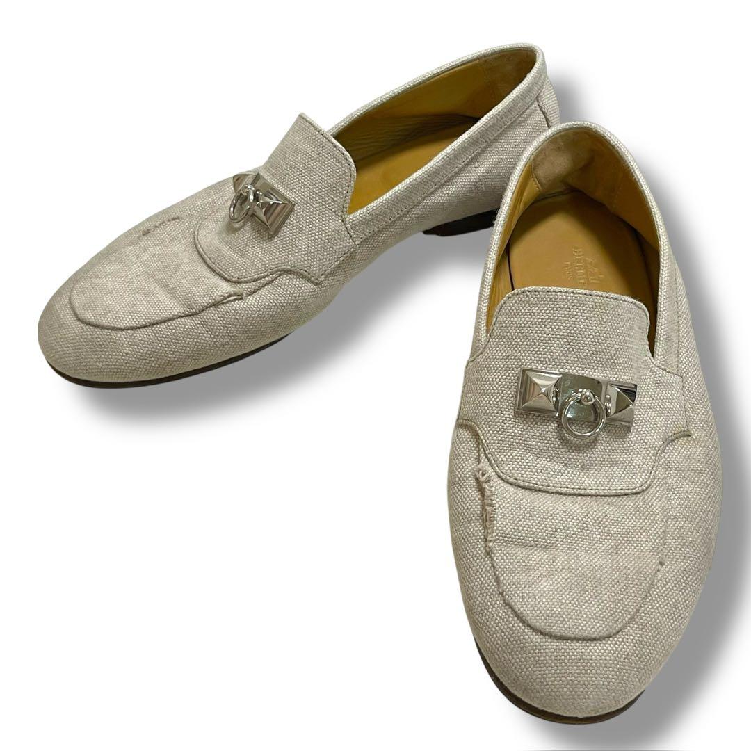 HERMES モカシン 40.5 キャンバス アーヴィング メドール金具