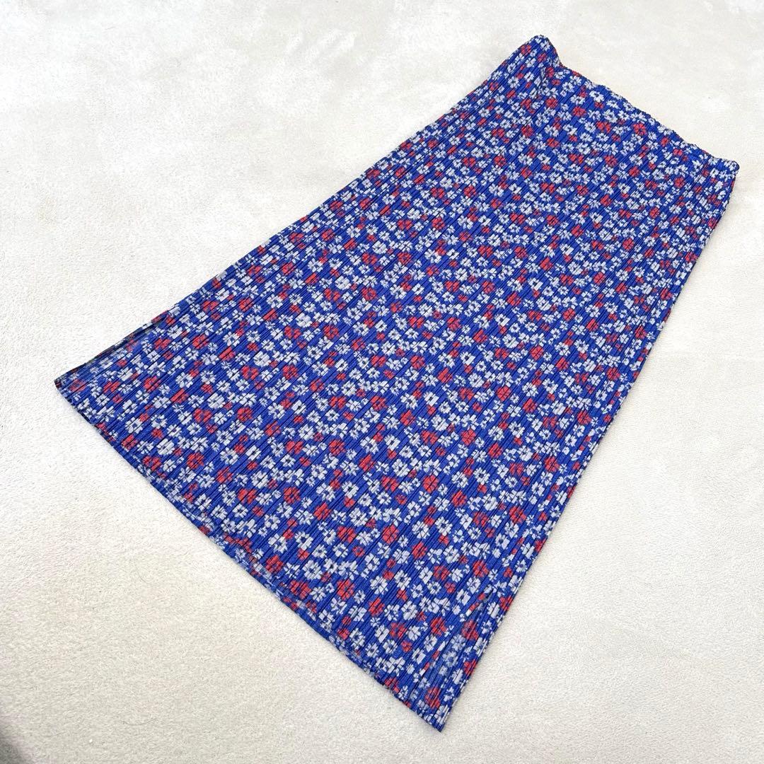 美品✨PLEATS PLEASE プリーツ　ロングスカート　花柄　ネイビー