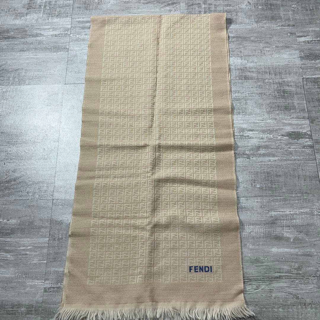 美品 FENDI フェンディ FF ズッカ柄 ウール マフラー ロゴ ベージュ