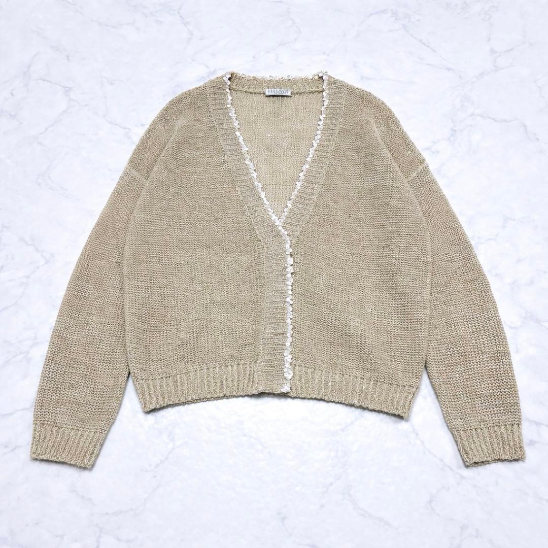 美品 ブルネロクチネリ スパンコール透かし編みニット リネン シルク ベージュ