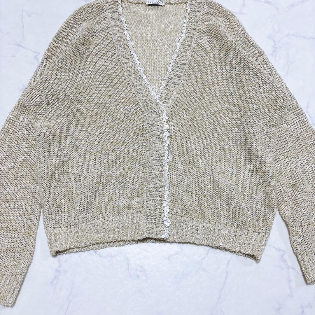 美品 ブルネロクチネリ スパンコール透かし編みニット リネン シルク ベージュ