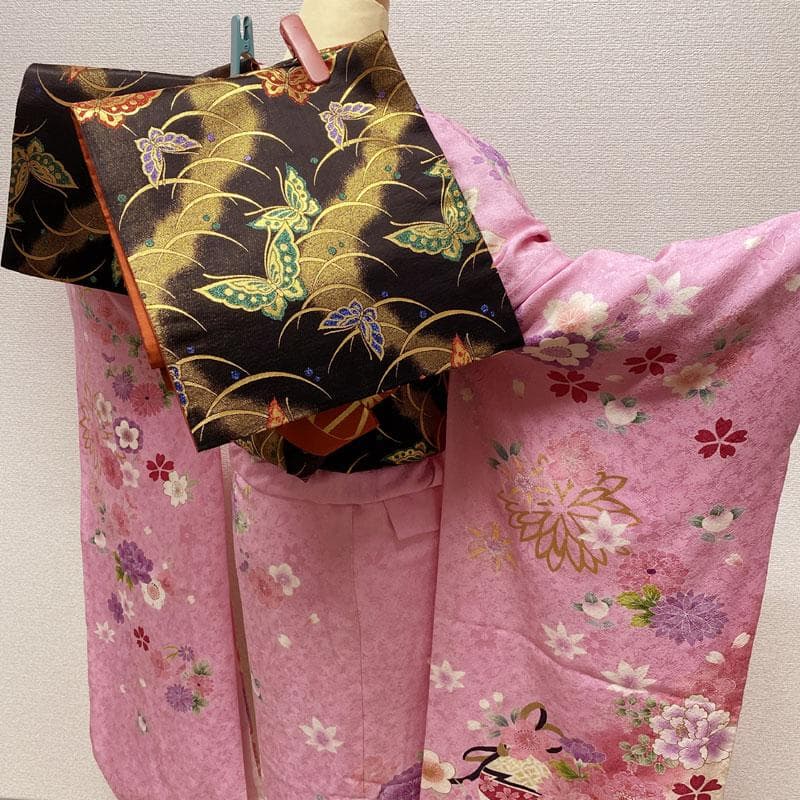 502aj18◎振袖＆袋帯 金彩 刺繍 花文様 成人式 結婚式 十三参り◎