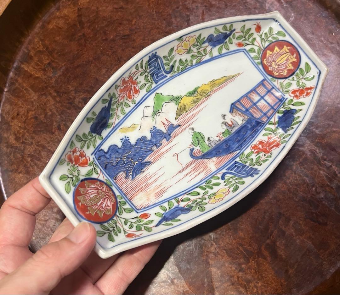 古伊万里　無傷完品　舟皿　長皿　色絵　柿右衛門　古九谷　九谷　唐草　赤絵　骨董