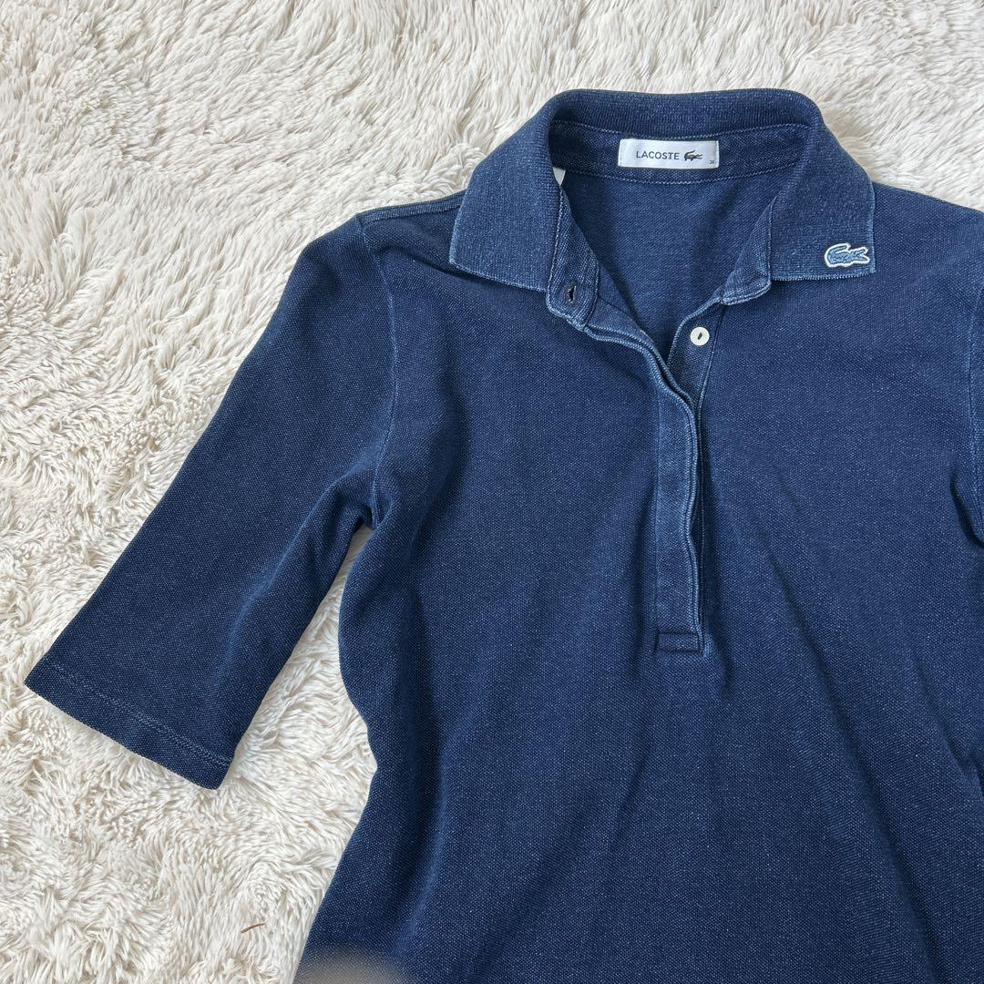 LACOSTE ラコステ 五分袖ポロシャツ 36 ネイビー インディゴ ロング丈