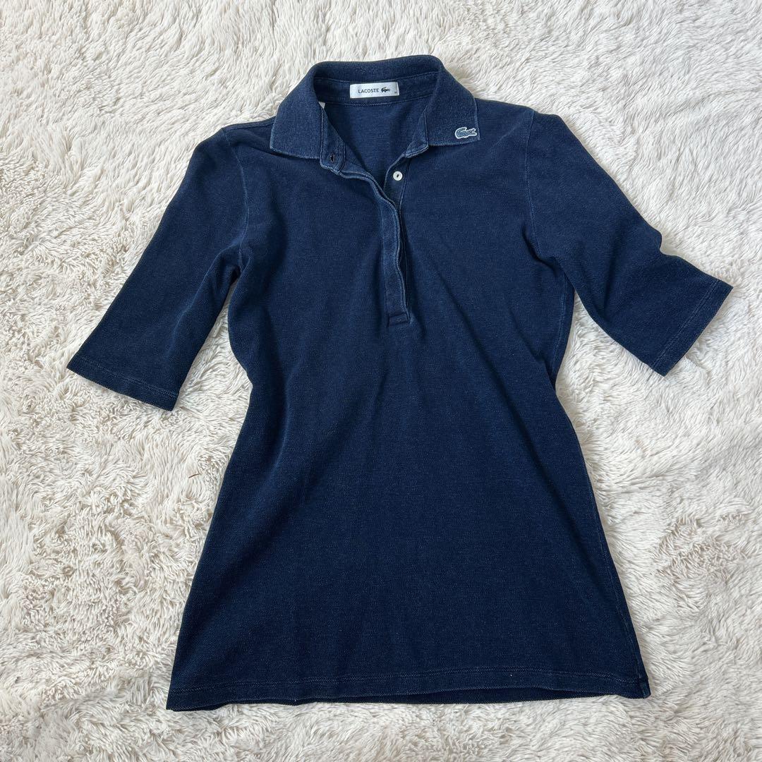 LACOSTE ラコステ 五分袖ポロシャツ 36 ネイビー インディゴ ロング丈