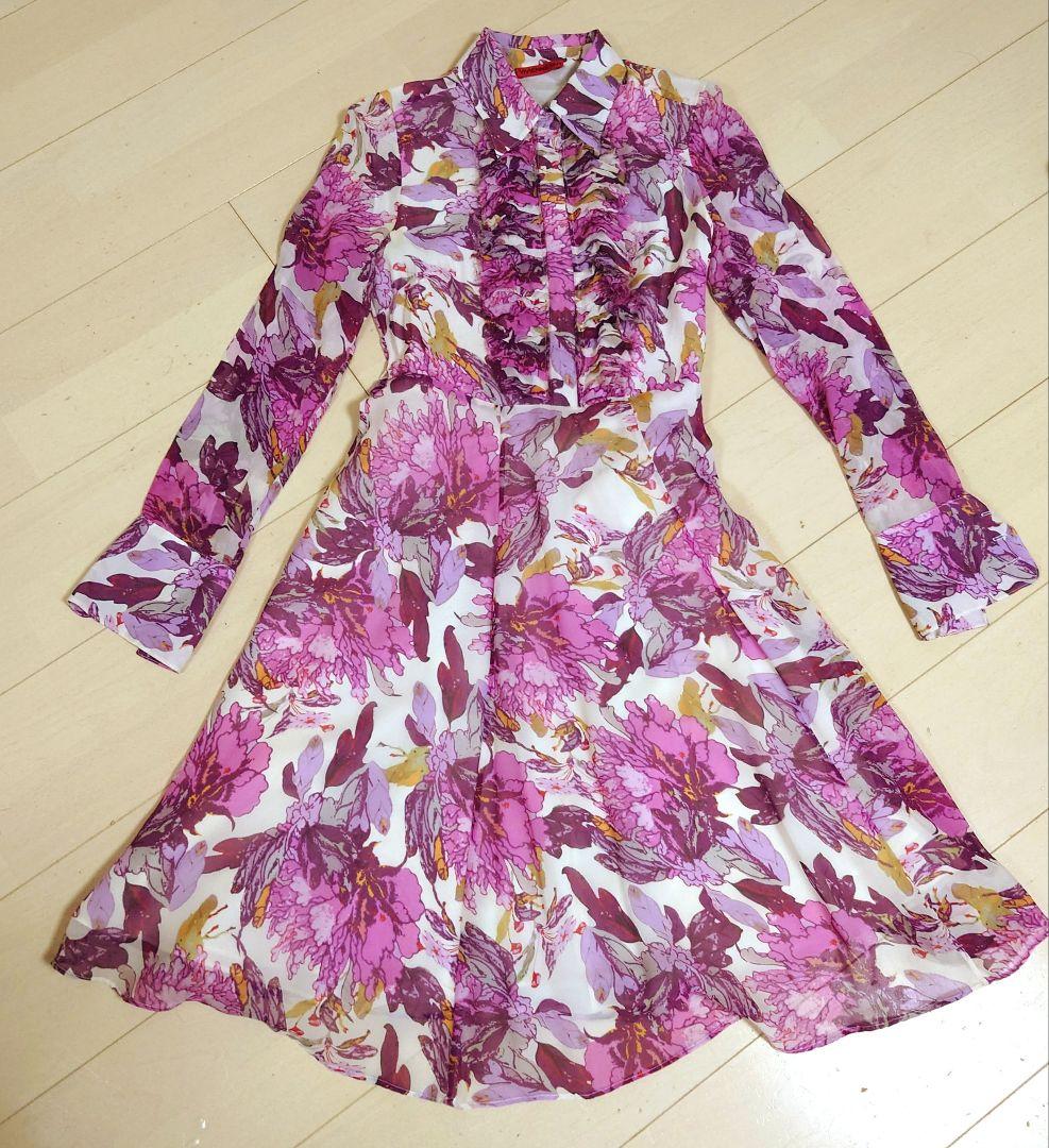 VIVIENNETAM 花柄フリル付きシルク長袖ワンピース