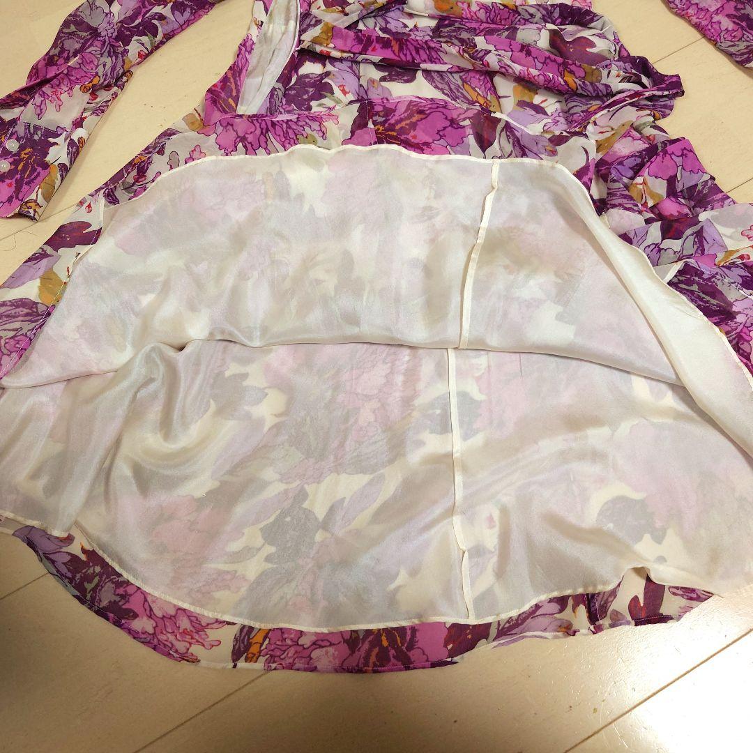 VIVIENNETAM 花柄フリル付きシルク長袖ワンピース