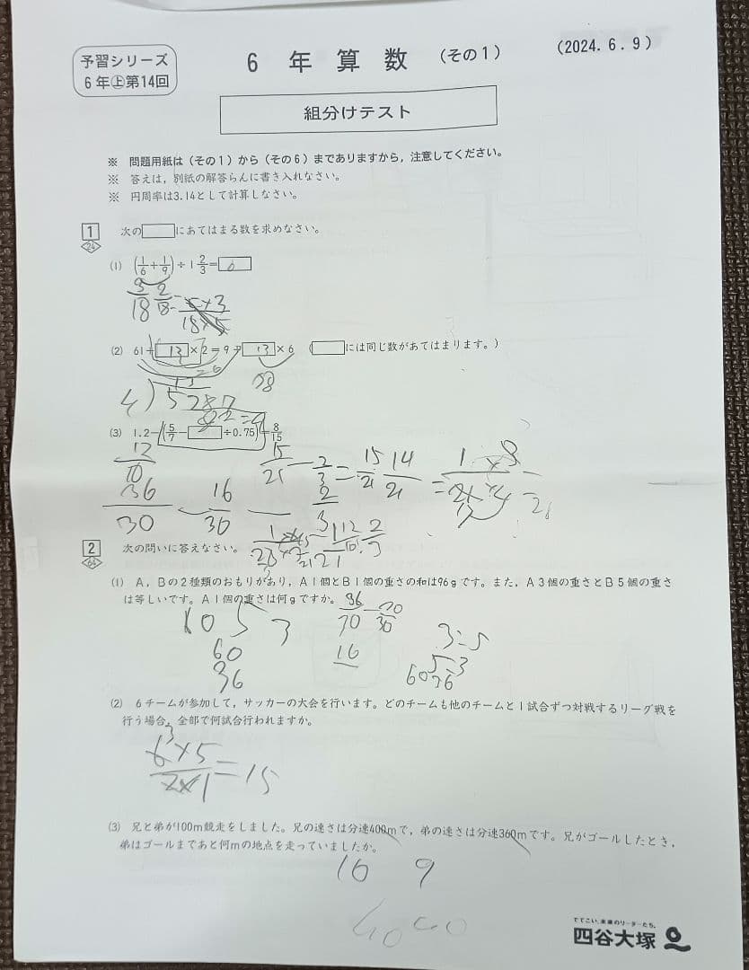 四谷大塚 公開組分けテスト 小6 2024年 1回2回3回 早稲田アカデミー