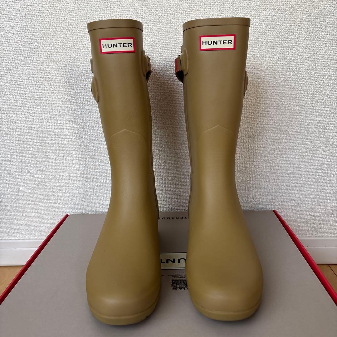 [美品]ハンターHUNTER 24.5cm ベージュオリーブ ロングレインブーツ