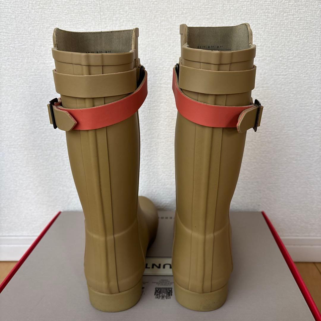 [美品]ハンターHUNTER 24.5cm ベージュオリーブ ロングレインブーツ