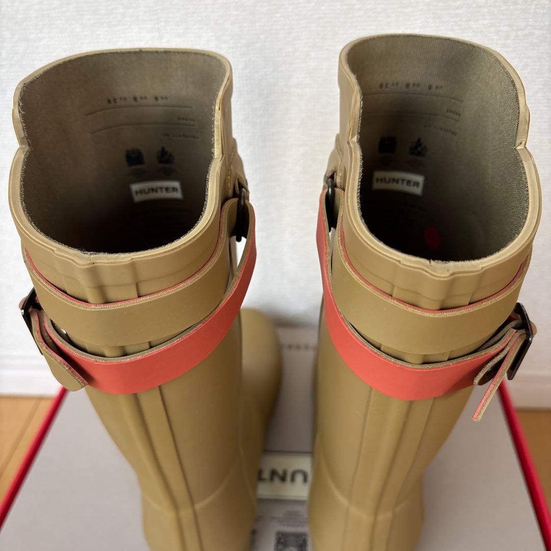 [美品]ハンターHUNTER 24.5cm ベージュオリーブ ロングレインブーツ
