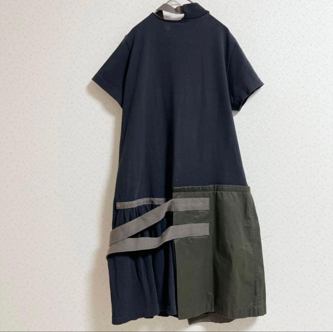 sacai　ワンピース　ドッキング　レイヤード　ベルト　コットン　ネイビー　M