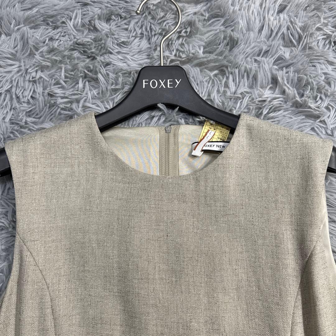 美品✨フォクシー ギャザーフリルワンピース リネンライクドレス サンドベージュ