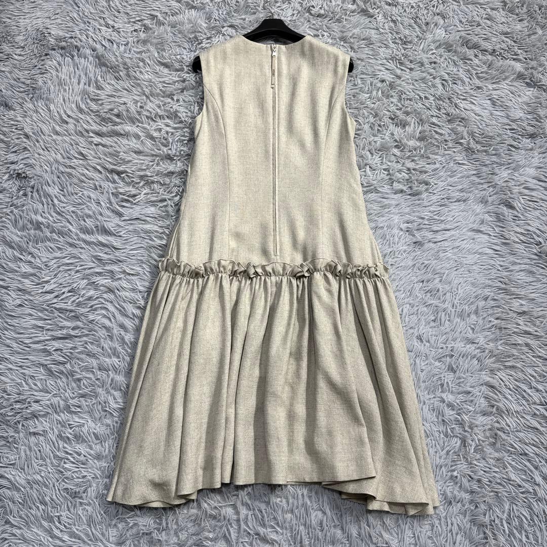 美品✨フォクシー ギャザーフリルワンピース リネンライクドレス サンドベージュ