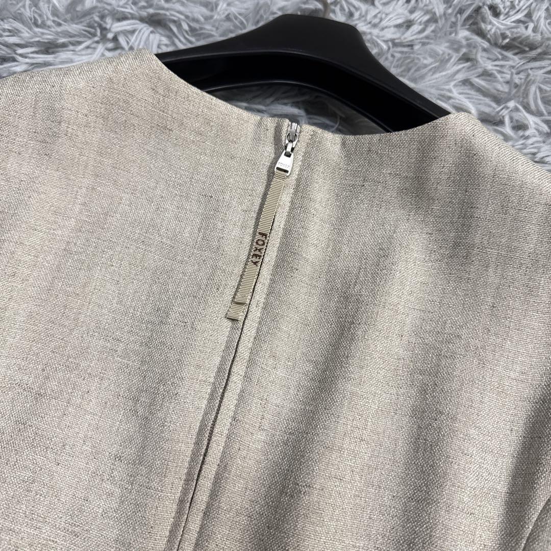 美品✨フォクシー ギャザーフリルワンピース リネンライクドレス サンドベージュ