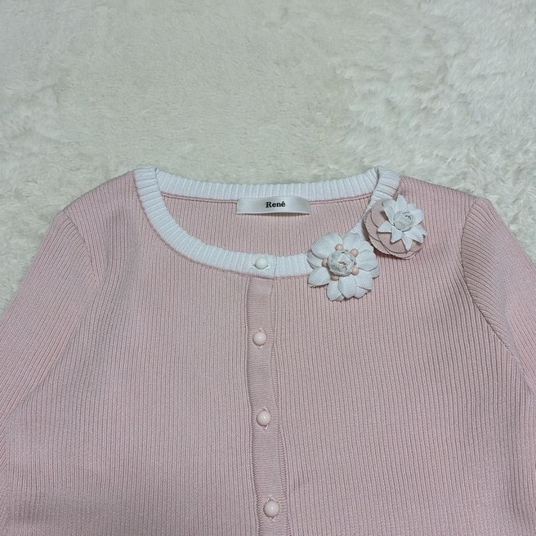 極美品 Rene コサージュ付 リブカーディガン ピンク セレモニー 34