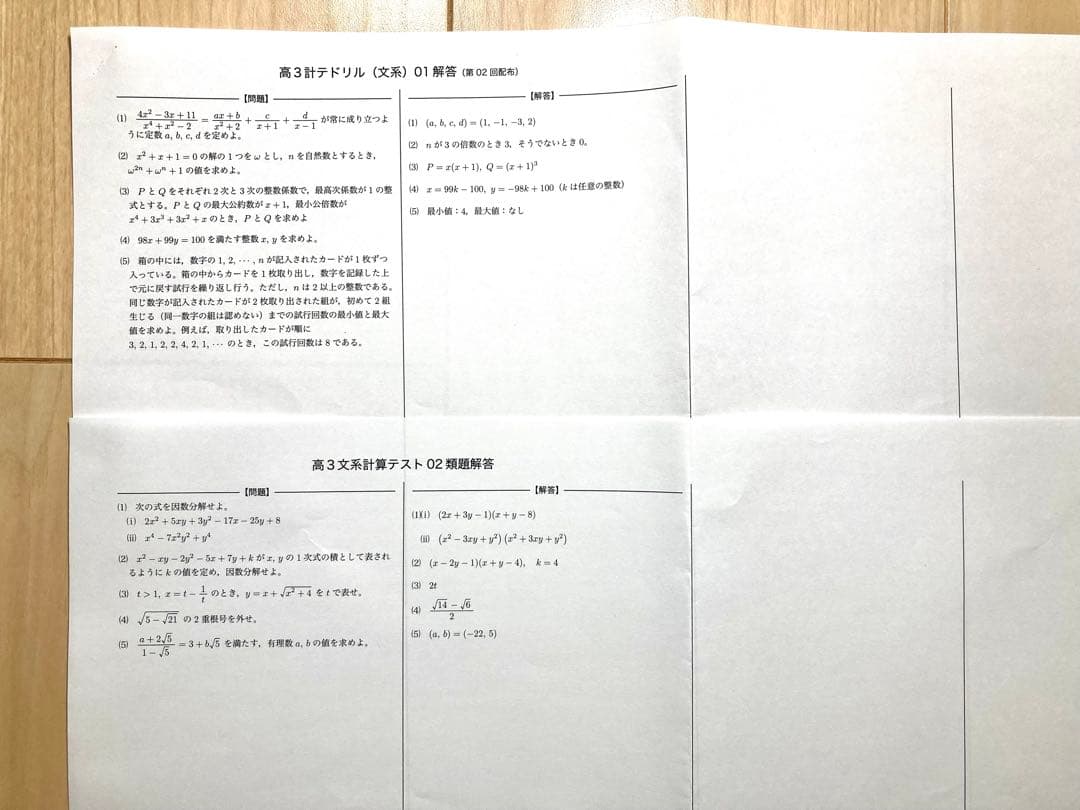 鉄緑会　入試数学演習（文系　高3）　20回 演習プリント・解答付 2022年版