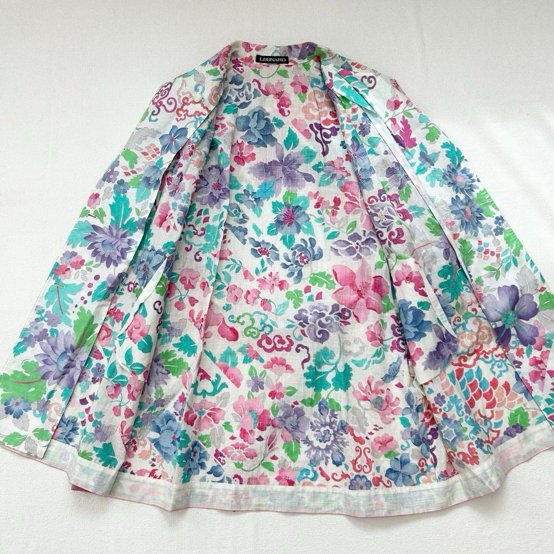 【レオナール】スプリングコート　M　麻　トリム　花柄　ダブルブレスト　華やか
