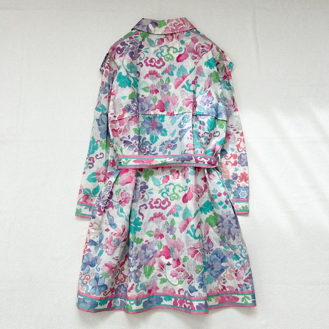 【レオナール】スプリングコート　M　麻　トリム　花柄　ダブルブレスト　華やか