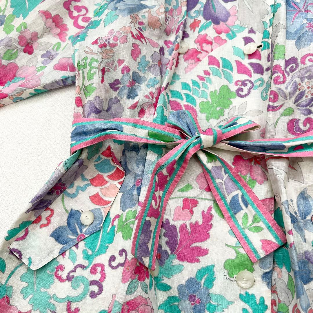 【レオナール】スプリングコート　M　麻　トリム　花柄　ダブルブレスト　華やか