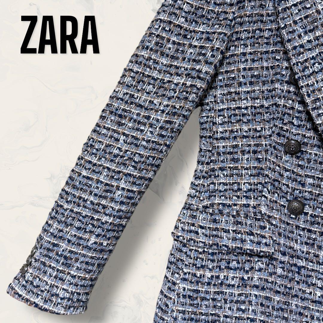 【未使用】 ZARA ダブルブレスト ツイード ブレザー ジャケット ブルー