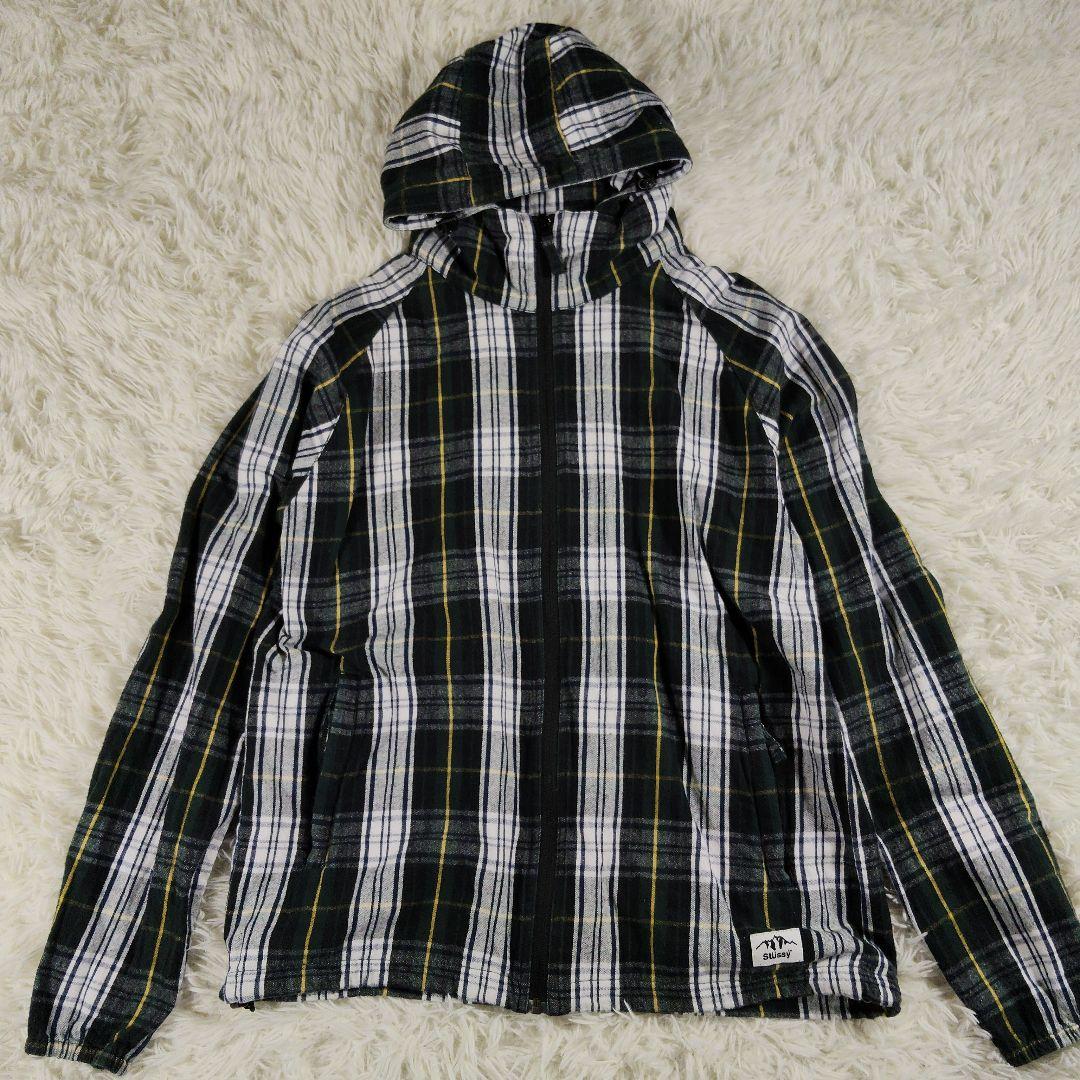 STUSSY　00s　ジップアップ　ジャケット　フード　チェック　緑　単丈　М