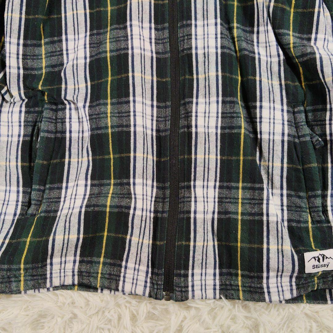 STUSSY　00s　ジップアップ　ジャケット　フード　チェック　緑　単丈　М