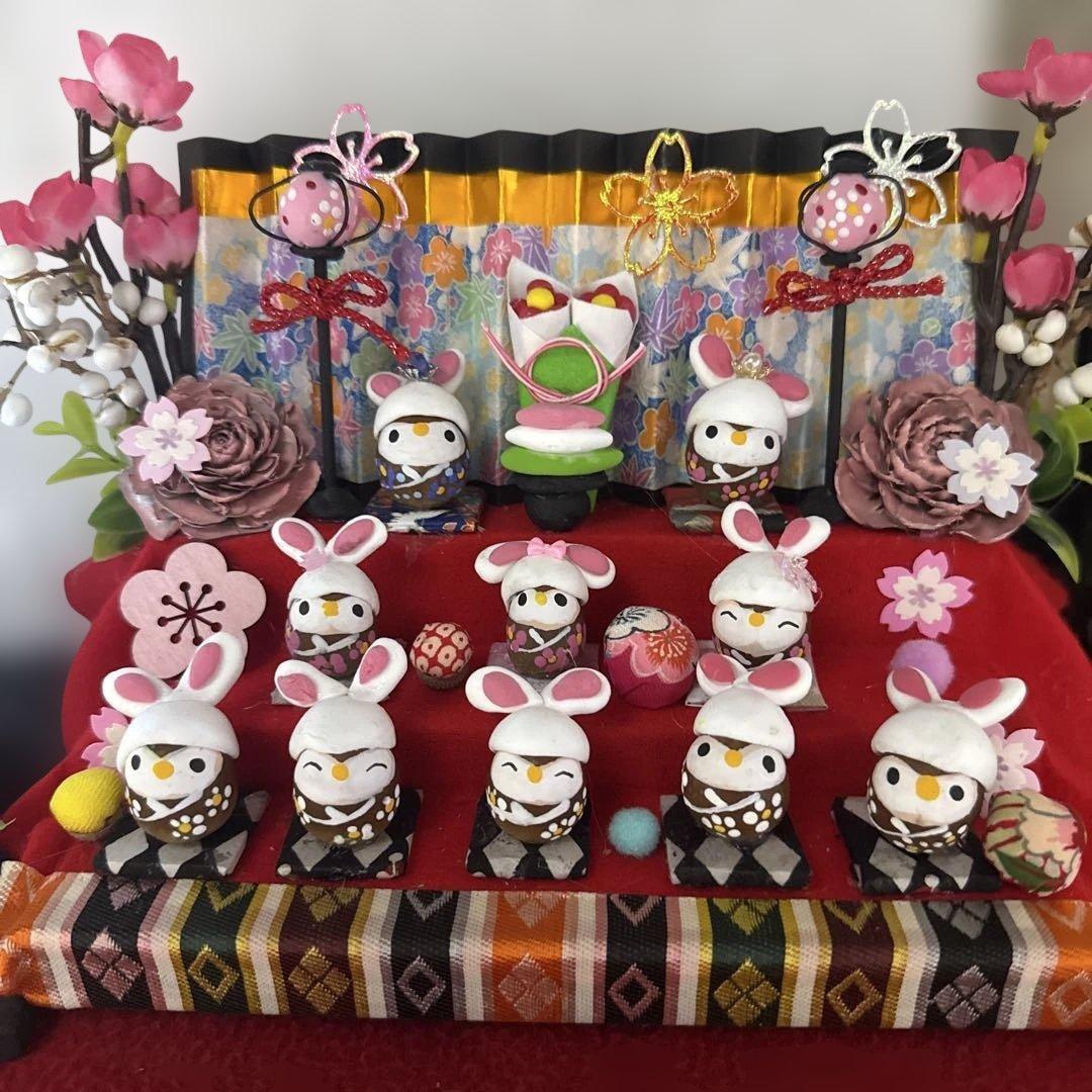 どんぐりアート♡三段飾りお雛様うさぎ帽子オブジェ♡