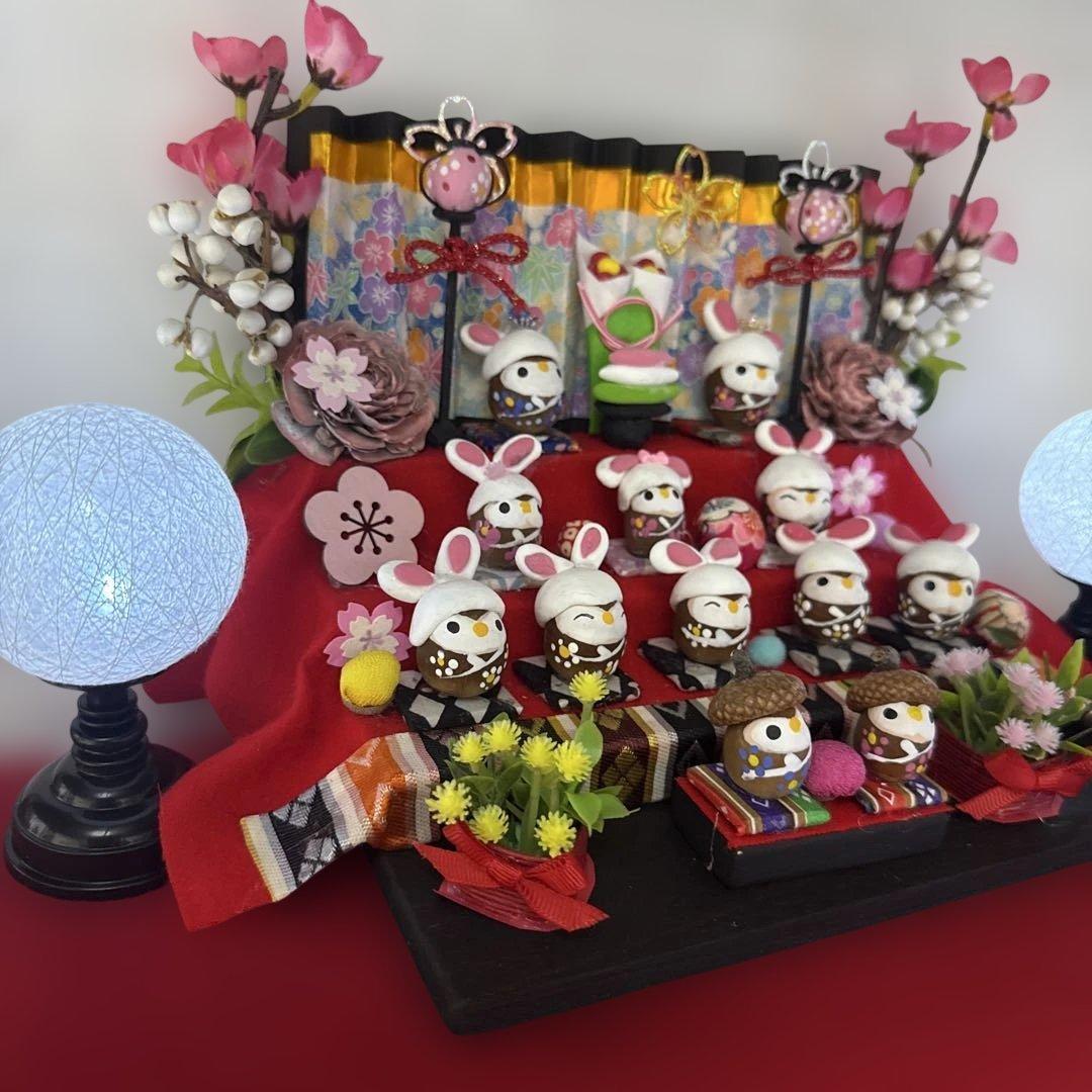 どんぐりアート♡三段飾りお雛様うさぎ帽子オブジェ♡