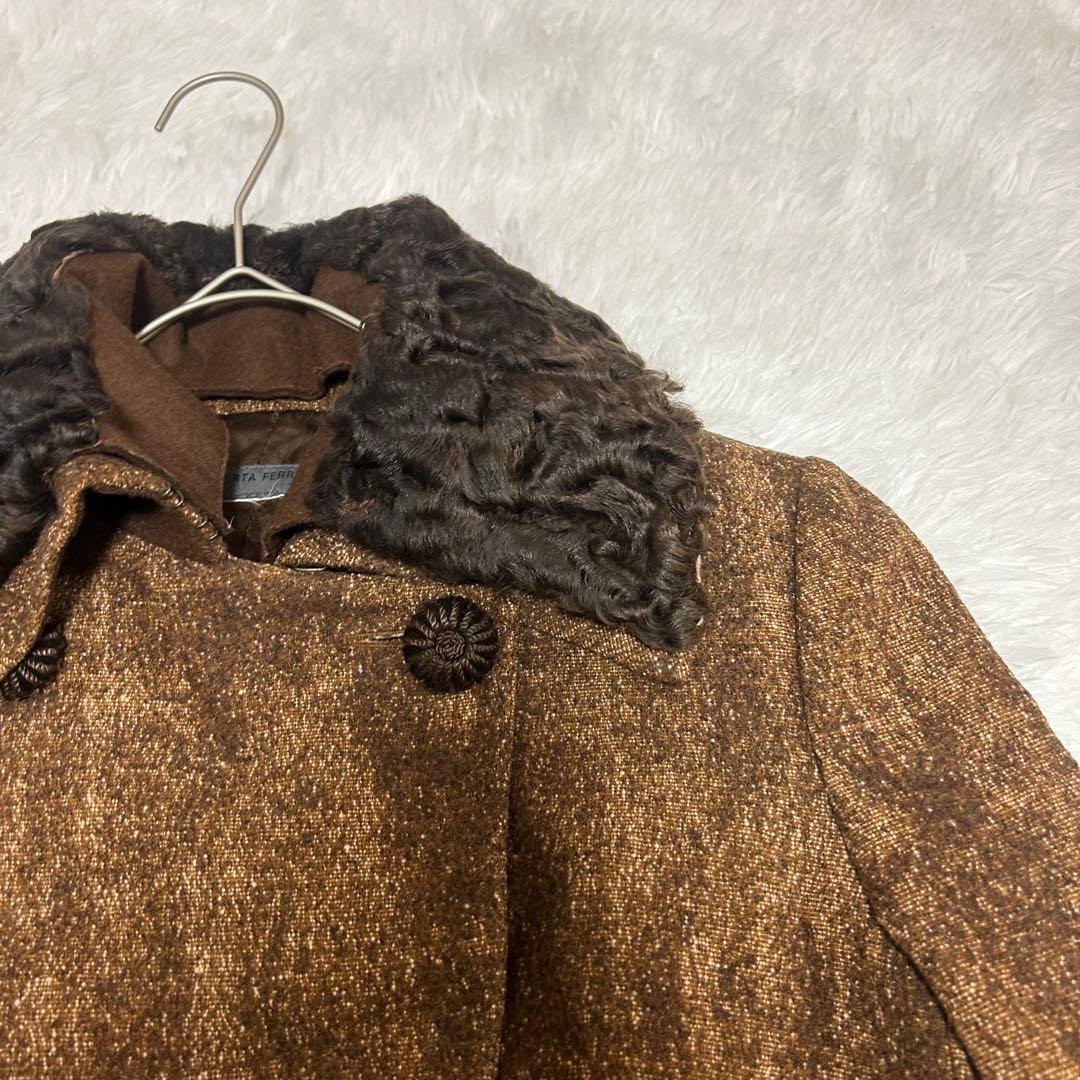 A FERRETTI ウールコート ファー衿 ダブルボタン ブラウン