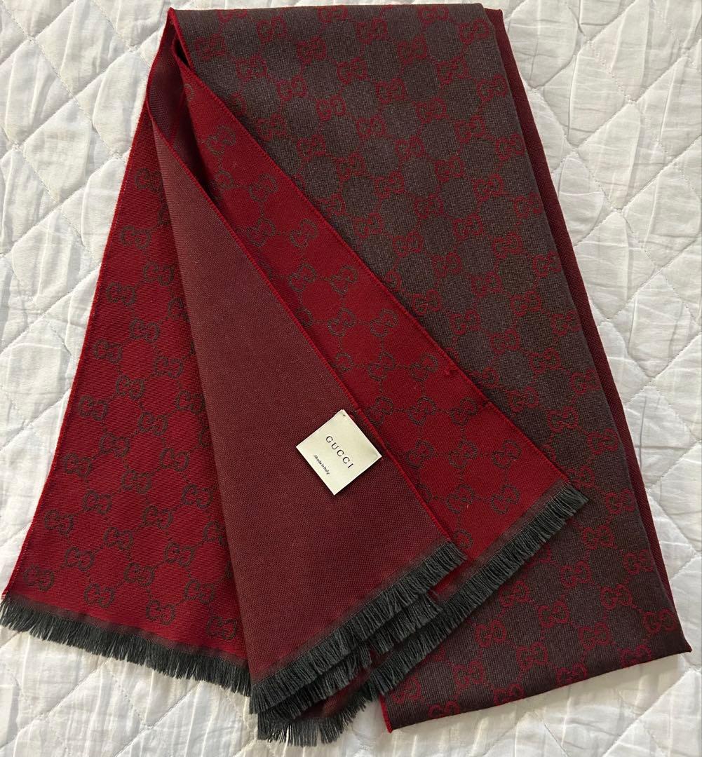 【美品】GUCCI ボルドー &グレー ストール