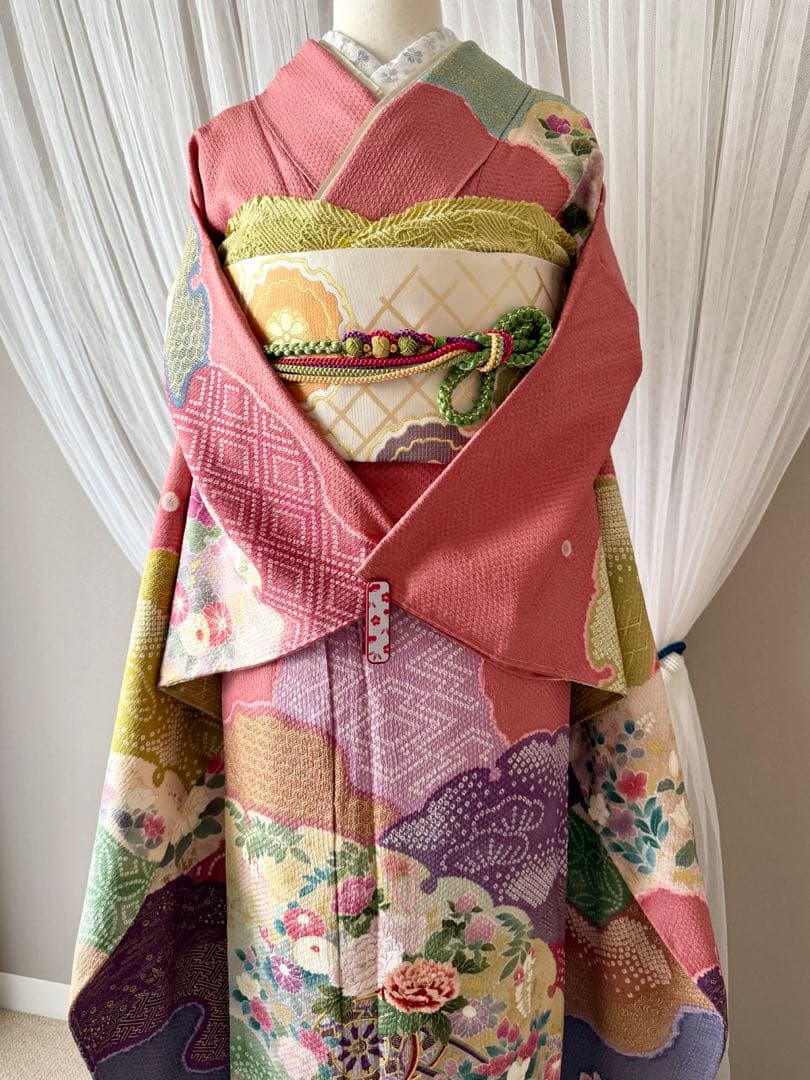 未使用品　振袖フルセット　手差し友禅　刺繍　新品長襦袢　トールサイズ　裄丈70