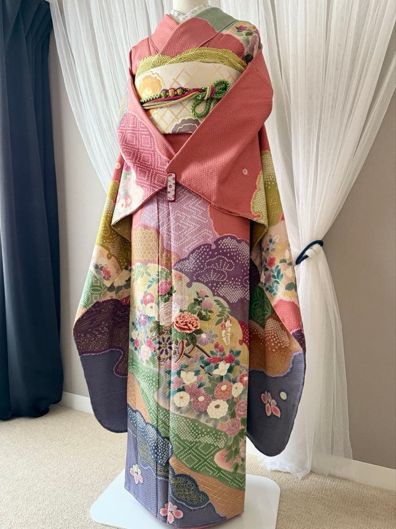 未使用品　振袖フルセット　手差し友禅　刺繍　新品長襦袢　トールサイズ　裄丈70