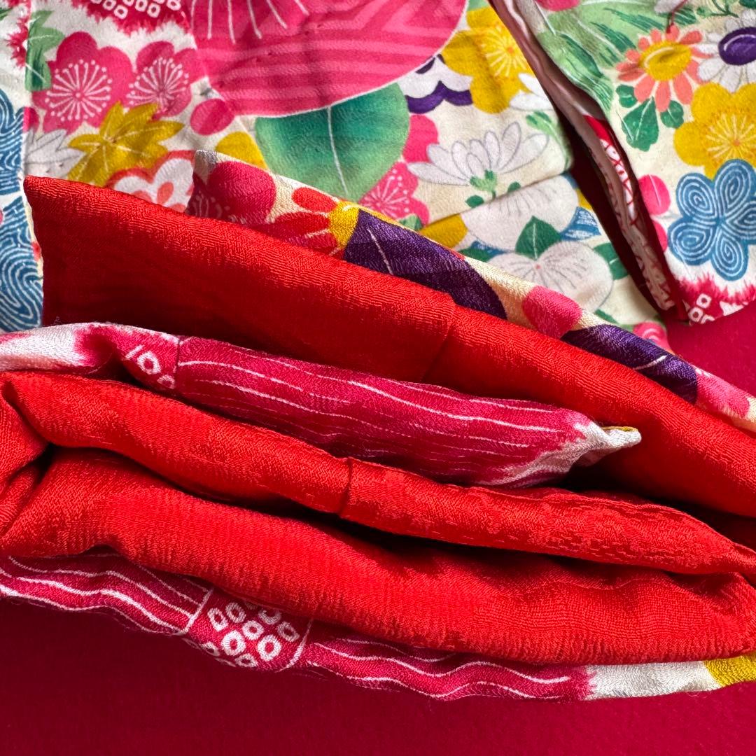 市松人形 12、3号(45cm)サイズの着物　比翼仕立て　赤黄色　牡丹紅葉梅