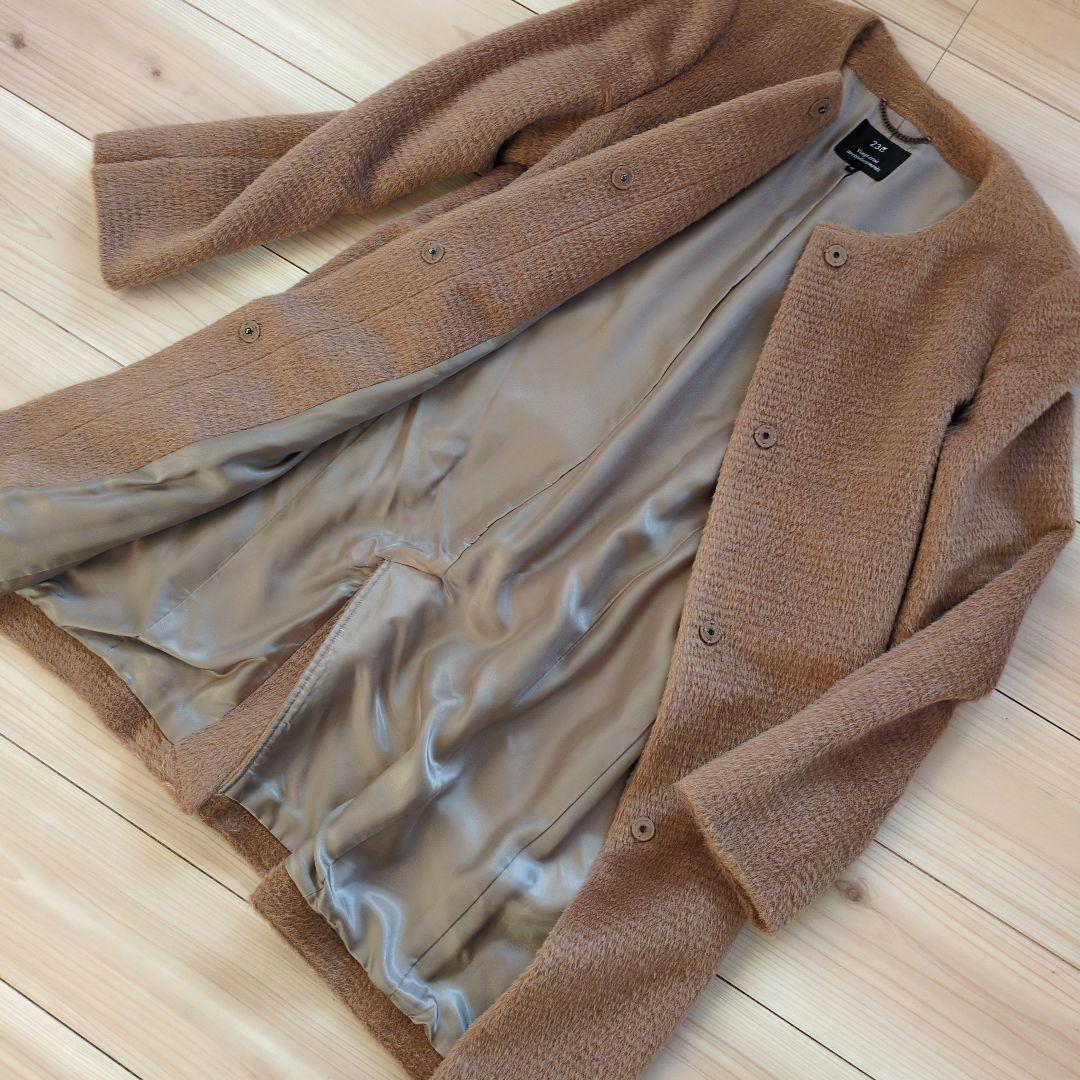 美品　23区　ノーカラーコート　40　アルパカ混　ブラウン