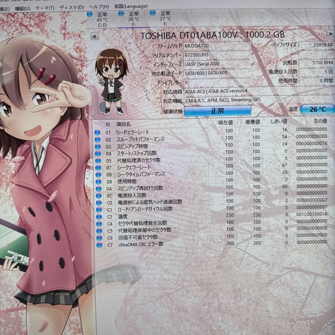 二枚セット　TOSHIBA DT01ABA100V 1TB HDD(7/8）
