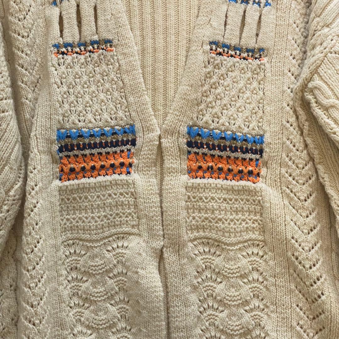 マメクロゴウチ ケーブルニット カーディガン　 オーバーサイズ 刺繍 幾何学柄