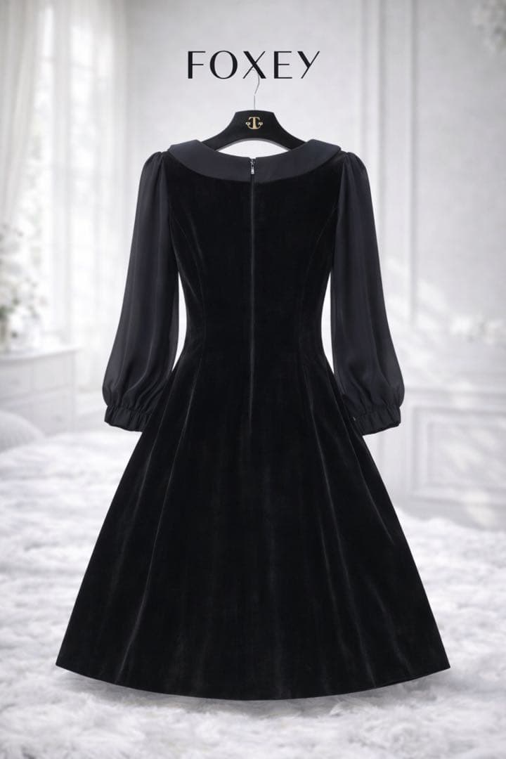 定価12万 FOXEY ベロアワンピース38 黒 七分袖 美品