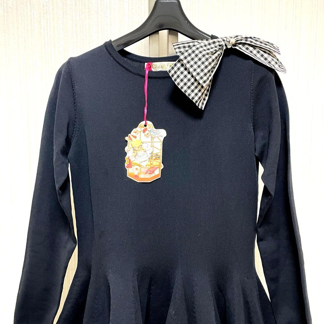 新品　Chesty チェスティ　ギンガムチェックリボン　フレア　ニットワンピース