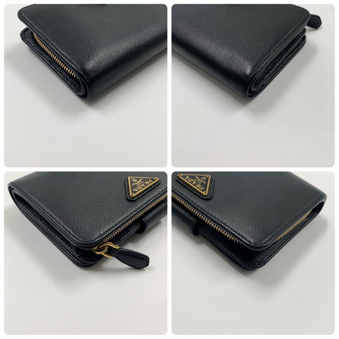 【✨極美品✨】プラダ 二つ折り財布 三角ロゴ サフィアーノレザー ブラック