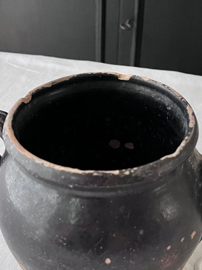 フランスアンティーク 南仏陶器 黒釉テラコッタ 持ち手付 コンフィポット3726