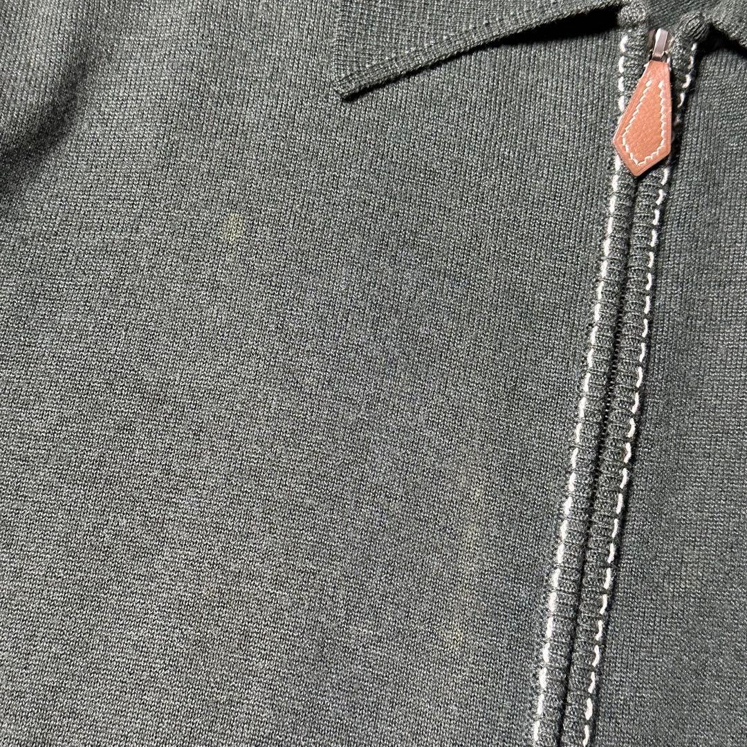 90s HERMES カシミヤコットン ジップアップニット ステッチ レザータブ