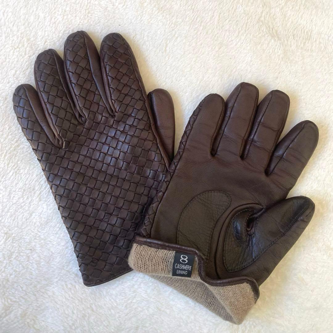 【本革】Gloves イントレチャート カシミヤ イタリア 革手袋 ブラウン8