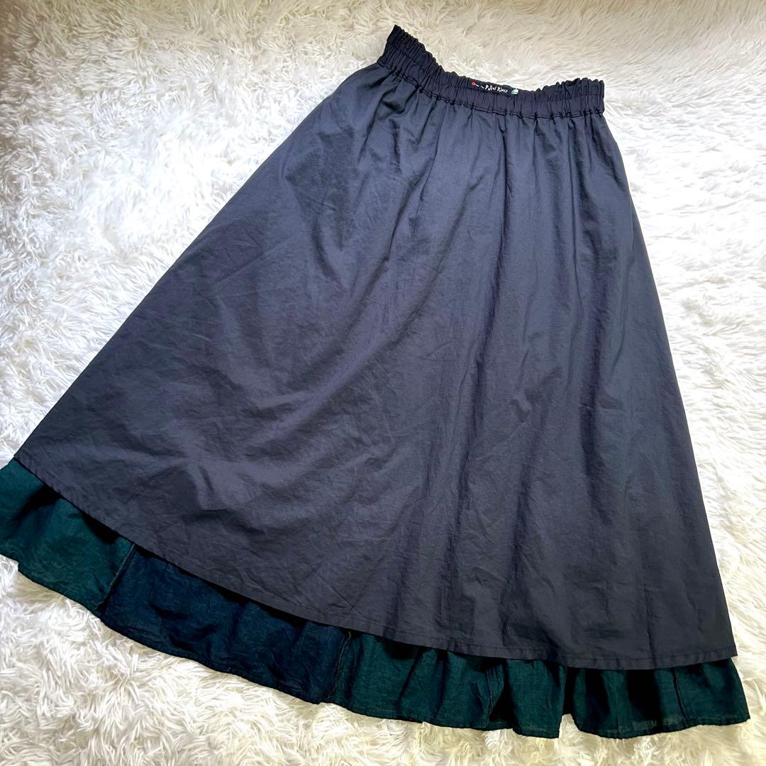 パラスパレス インディゴ ガーゼ ギャザー ロングスカート コットン フレア