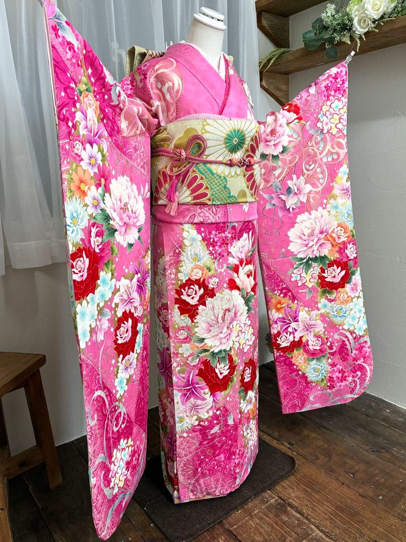 成人式　振袖フルセット　1139 花柄　ピンク正絹　振袖　格安！
