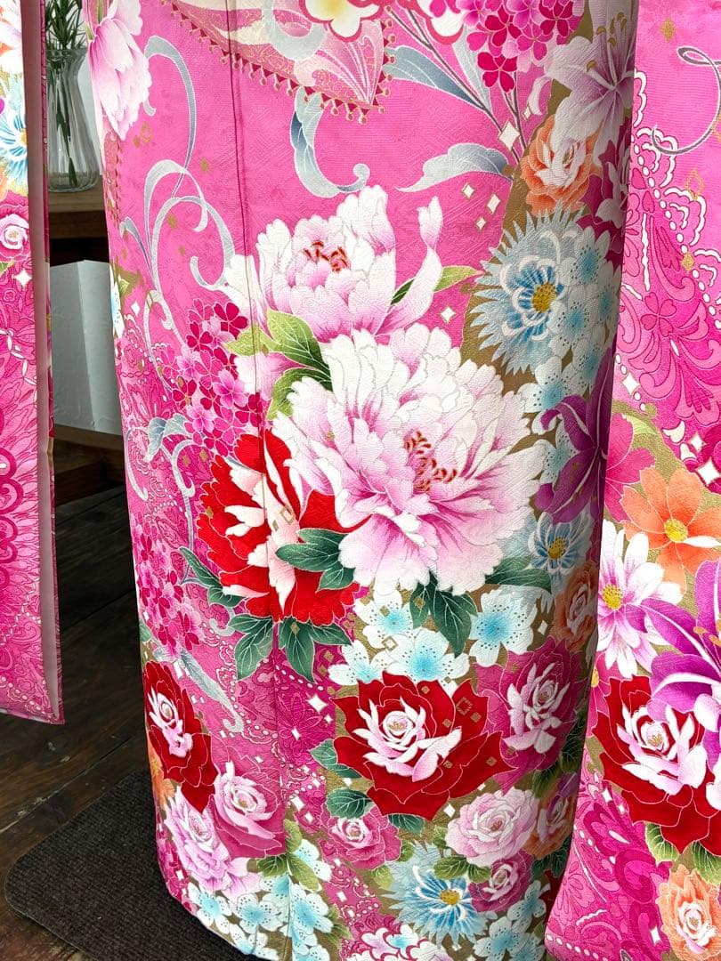 成人式　振袖フルセット　1139 花柄　ピンク正絹　振袖　格安！