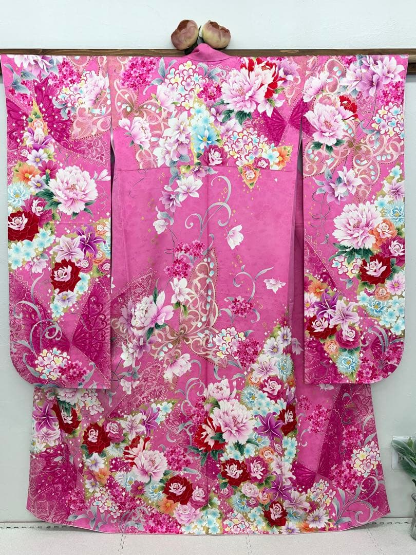 成人式　振袖フルセット　1139 花柄　ピンク正絹　振袖　格安！