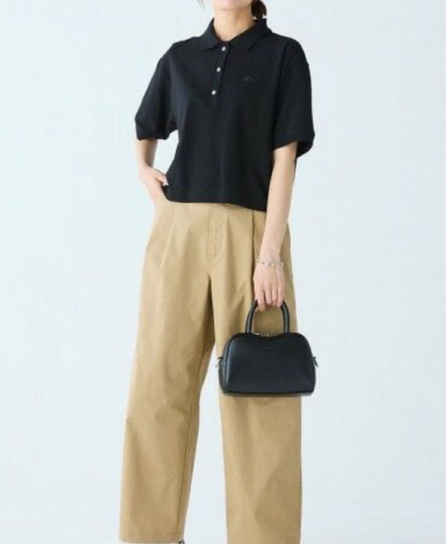 LACOSTE 鹿の子 ワイド クロップド丈 半袖ポロシャツ　ブラック