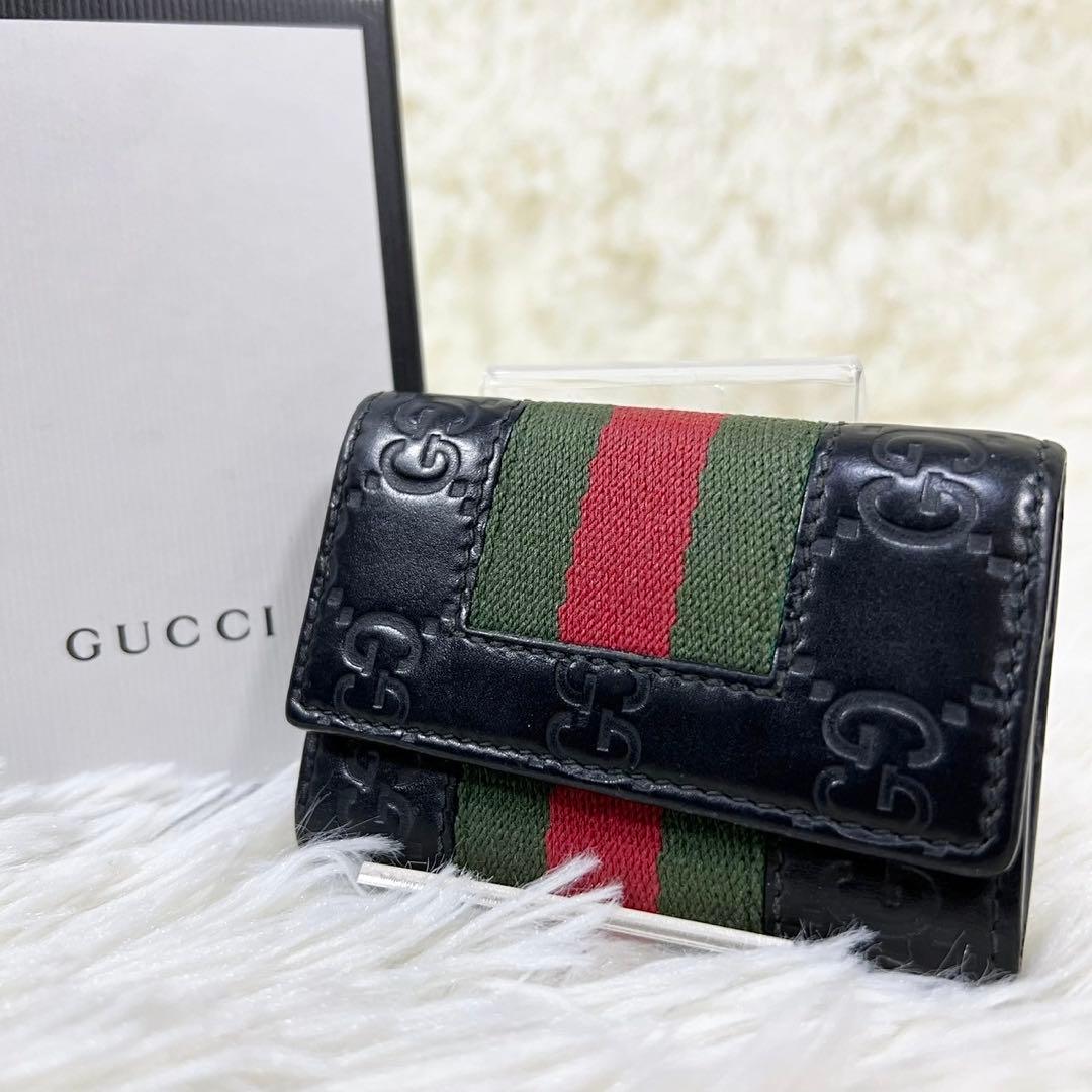 付属品完備　グッチ　キーケース 6連　シマ　シェリーライン　ウェブ　GG 黒