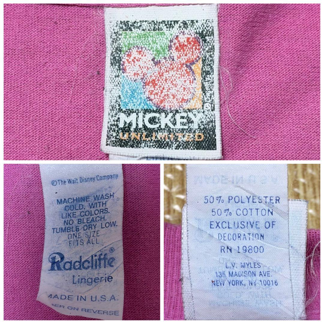 USA製★Disney Tシャツ ミッキー&ミニー デカロゴ ピンク XL以上